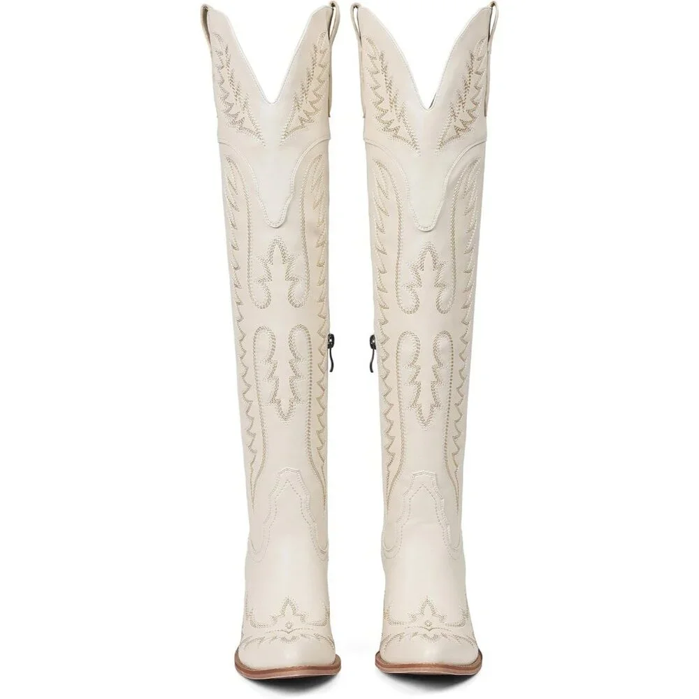 Women Over The Knee Western Boots Classic Embroidered Chunky Heel Slip On Beige - Picture 5 of 6